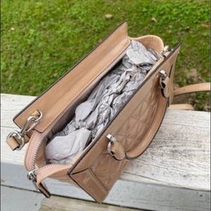 MK VIVIANNE Shiny Beige Quilted PATENT LEATHER SMALL SATCHEL MESSENGER BAG